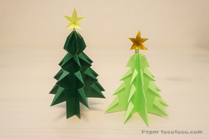 折り紙 立体的なクリスマスツリーの折り方 簡単 一枚で星付き3dツリー おりがみレシピのpaper Tocotoco